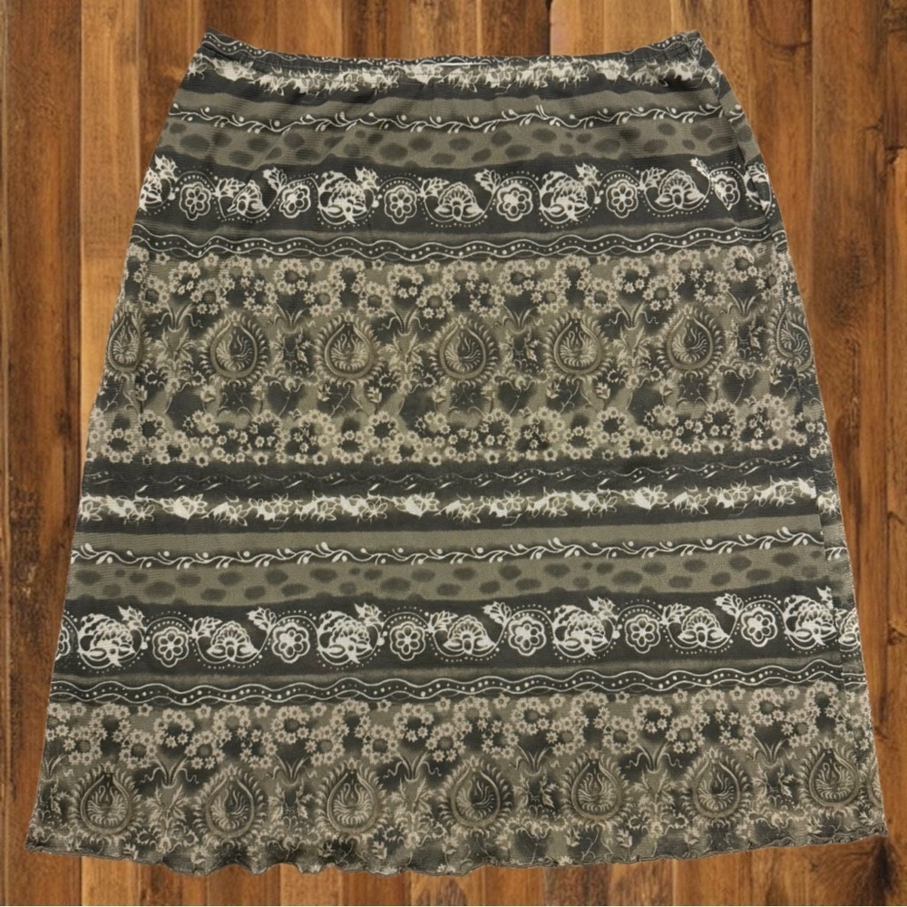 Vintage Olive and Black Floral Midi Skirt